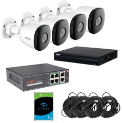 IP комплект видеонаблюдения IMOU 4IP-2MP-KIT, 4 камеры, Проводное, Уличная, Ip, 2 Мп