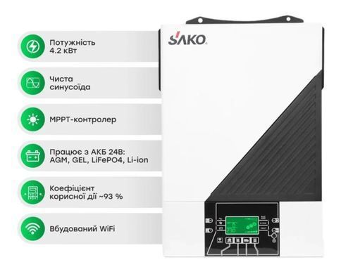 Комплект резервного живлення: автономний інвертор 4.2kW Sako SUNON IV 24V +120A MPPT та 2 акумуляторні батареї 12.8В 100Аг Cyclen 12.8V 100AH LiFePo4