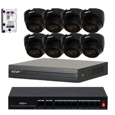 IP комплект відеонагляду з аудіо Dahua BLACK 8IP2MP-IN-2TB, 8 камер, Дротовий, Внутрішня, Ip, 2 Мп