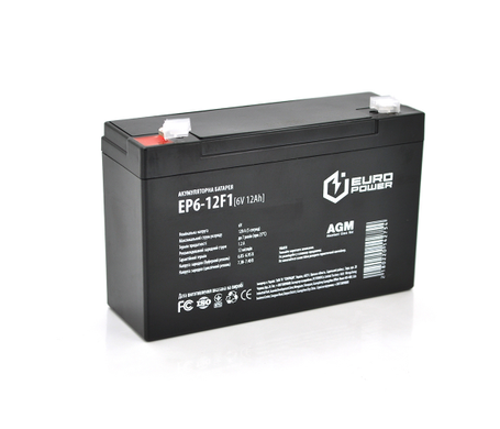 Акумуляторна батарея EUROPOWER AGM EP6-12F1 6 V 12 Ah (150 x 50 x 95 (100)) Black Q10
