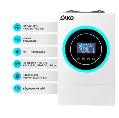 Комплект резервного питания 4.2kW ​​4.8kWh: гибридный инвертор Sako SUNON V 4.5KVA/4200W/24V + 2 аккумуляторные батареи Trinix TGL12V200Ah/20Hr GEL