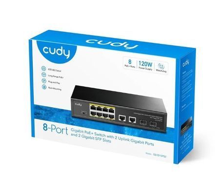 PoE-коммутатор 12-портовый неуправляемый Cudy GS1010PS2 гигабитный с 8 портами PoE+, 120W