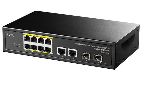 PoE-коммутатор 12-портовый неуправляемый Cudy GS1010PS2 гигабитный с 8 портами PoE+, 120W