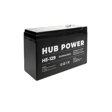 Аккумулятор 12В 9 Ач для ИБП Hub Power HE-129, 9 А, Свинцево-кислотный (AGM), 12 В, 2,55 кг, 151 х 65 х 98 мм